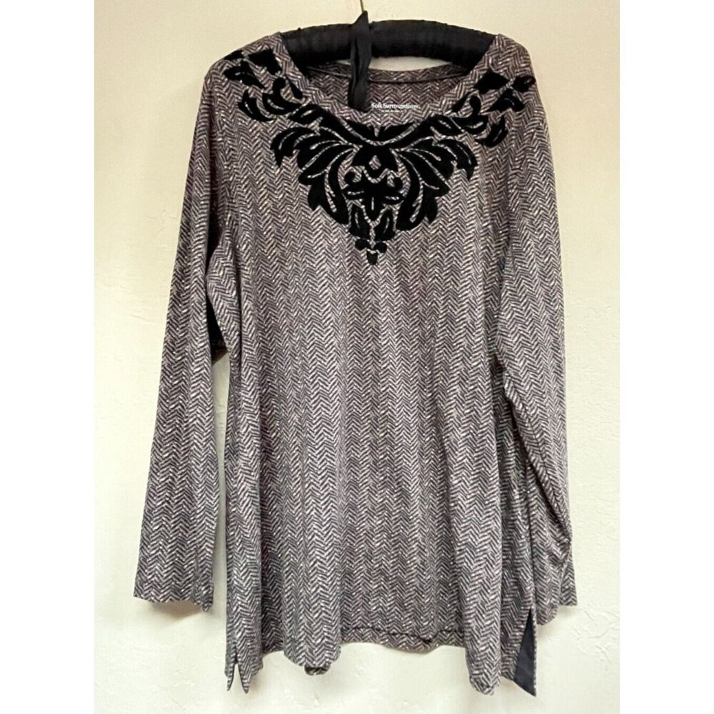 Soft Surroundings Women 1X Brown Herringbone Pullover Sweater Casual Velvet Trim